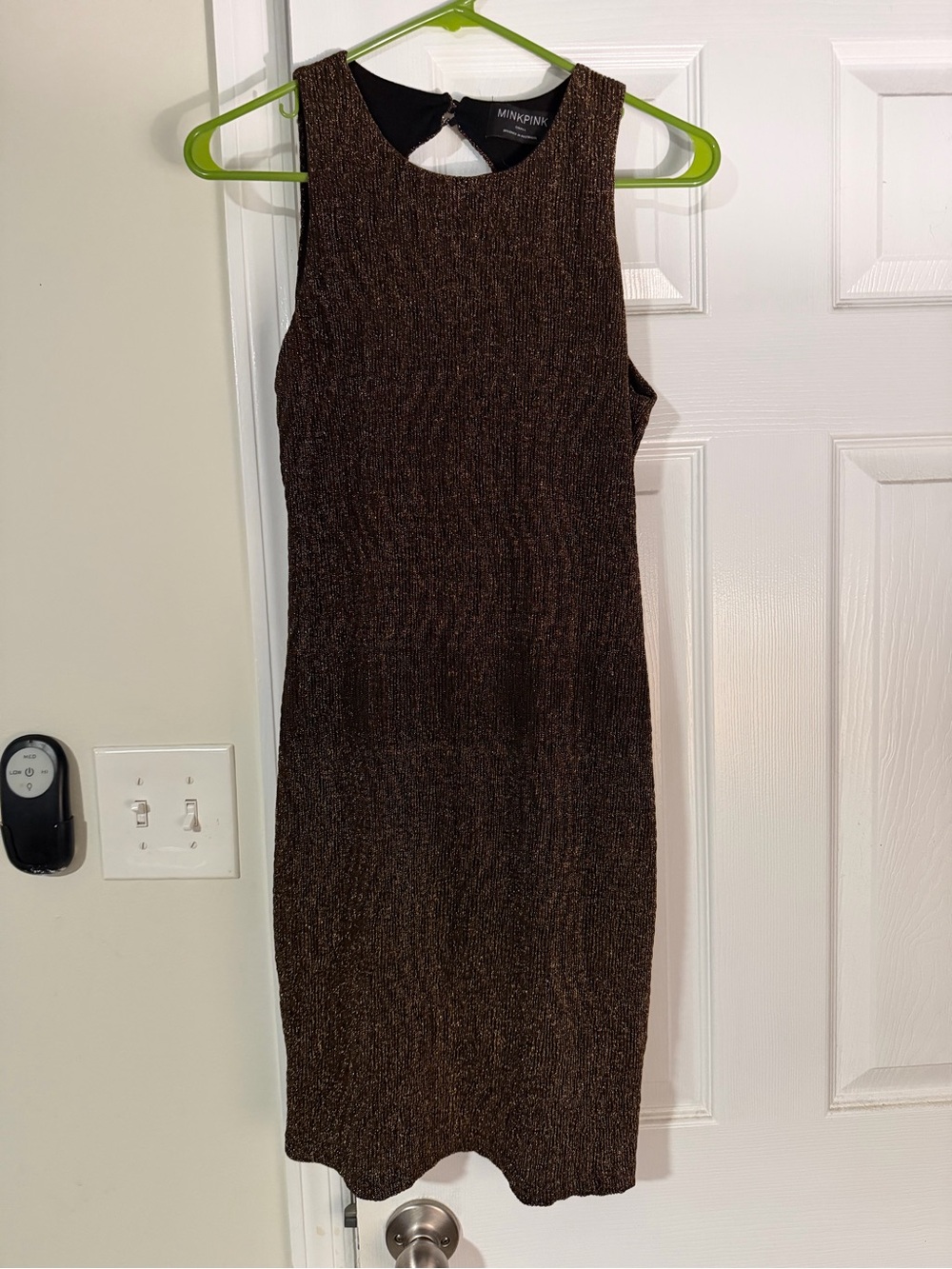 MINKPINK Metallic Bronze Gold Lurex Open Back Mini Dress S
